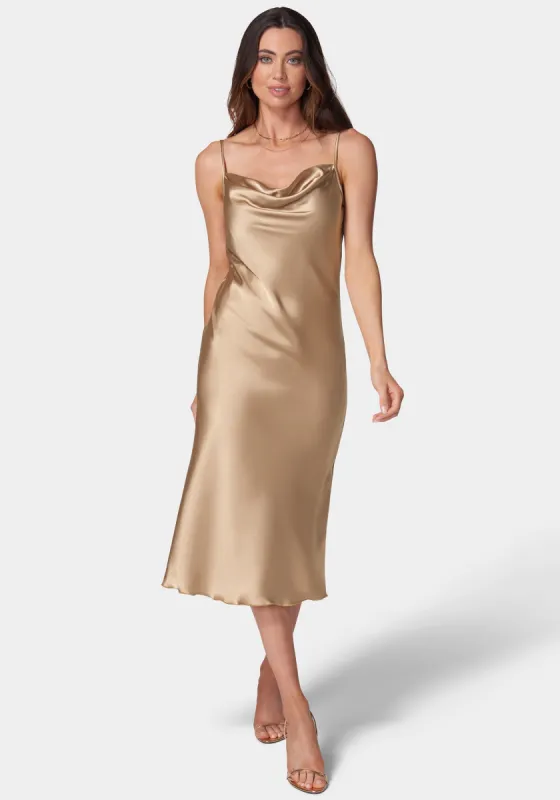 Satin Cowl Neck Slip Midi Dress sold by Bebe