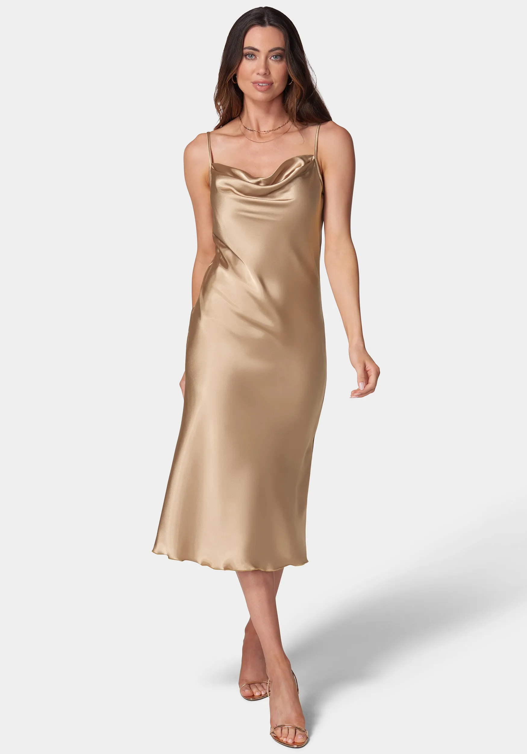 Satin Cowl Neck Slip Midi Dress sold by Bebe