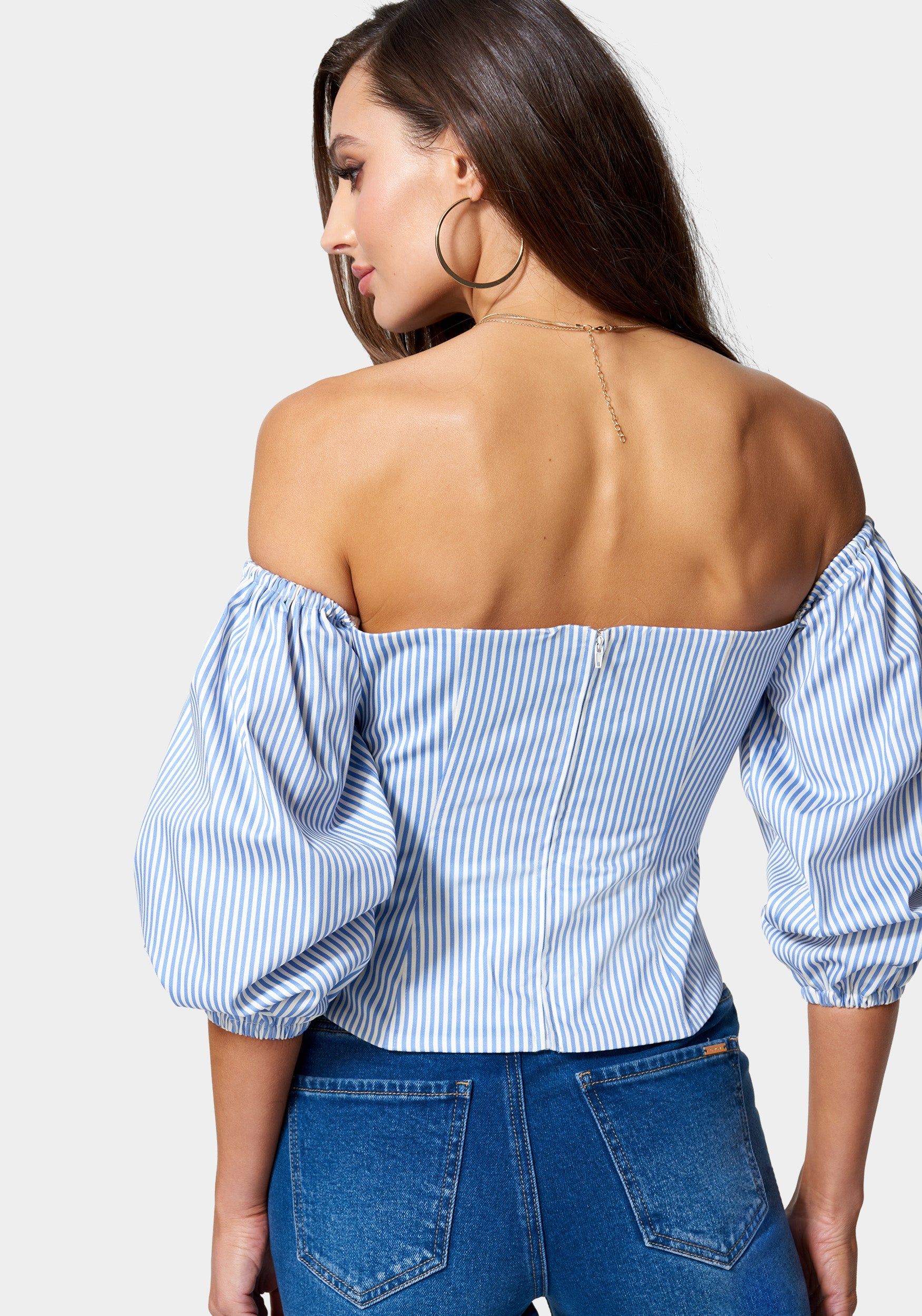 Poplin Bubble Sleeve Off Shoulder Draped Top sold by Bebe product image thumbnail 3