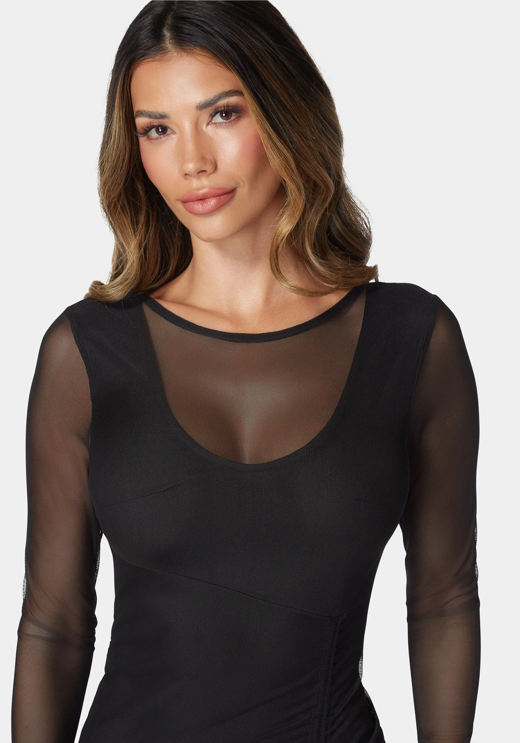 Long Sleeve Mesh Ruched Dress sold by Bebe product image thumbnail 4