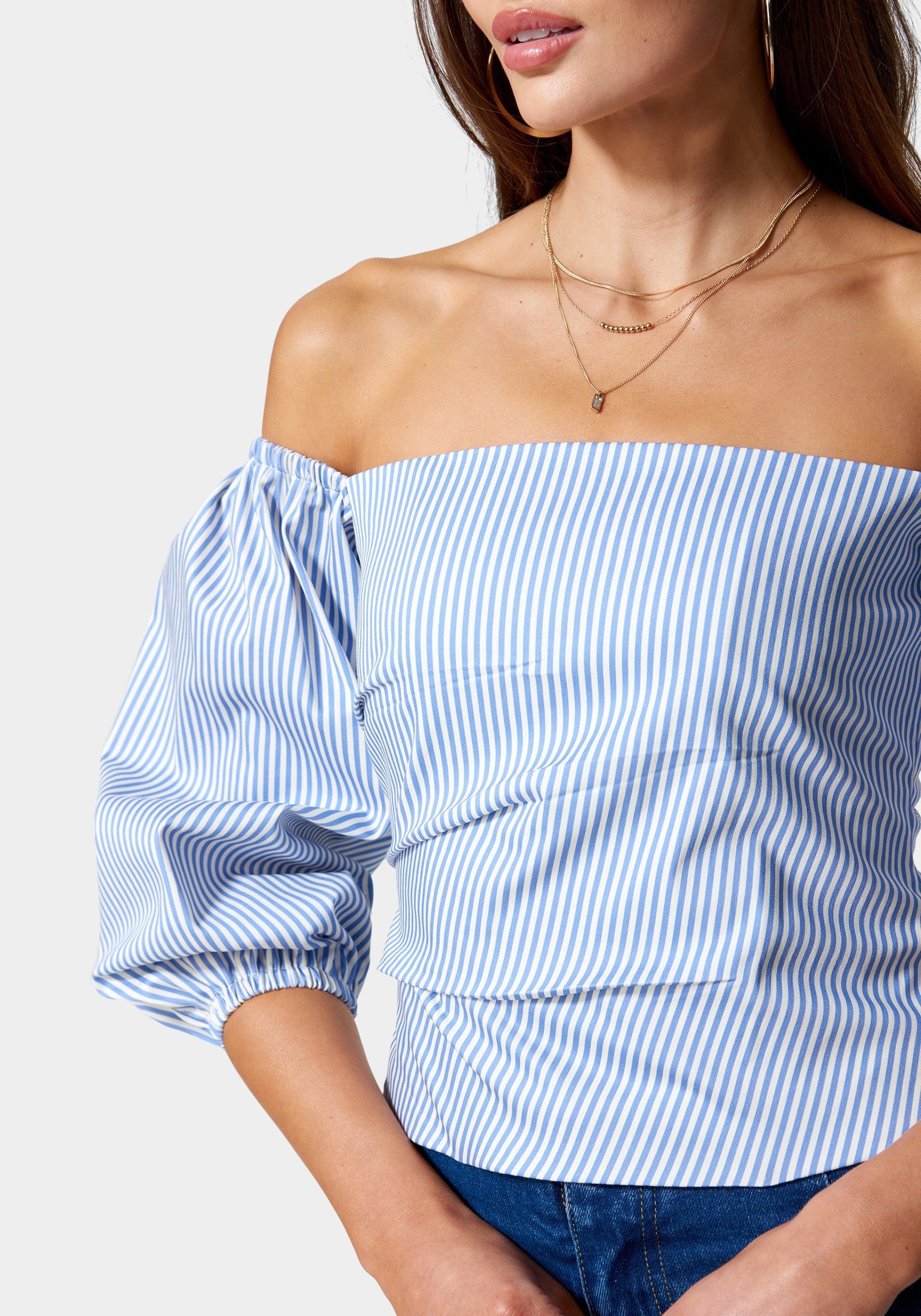 Poplin Bubble Sleeve Off Shoulder Draped Top sold by Bebe product image thumbnail 4