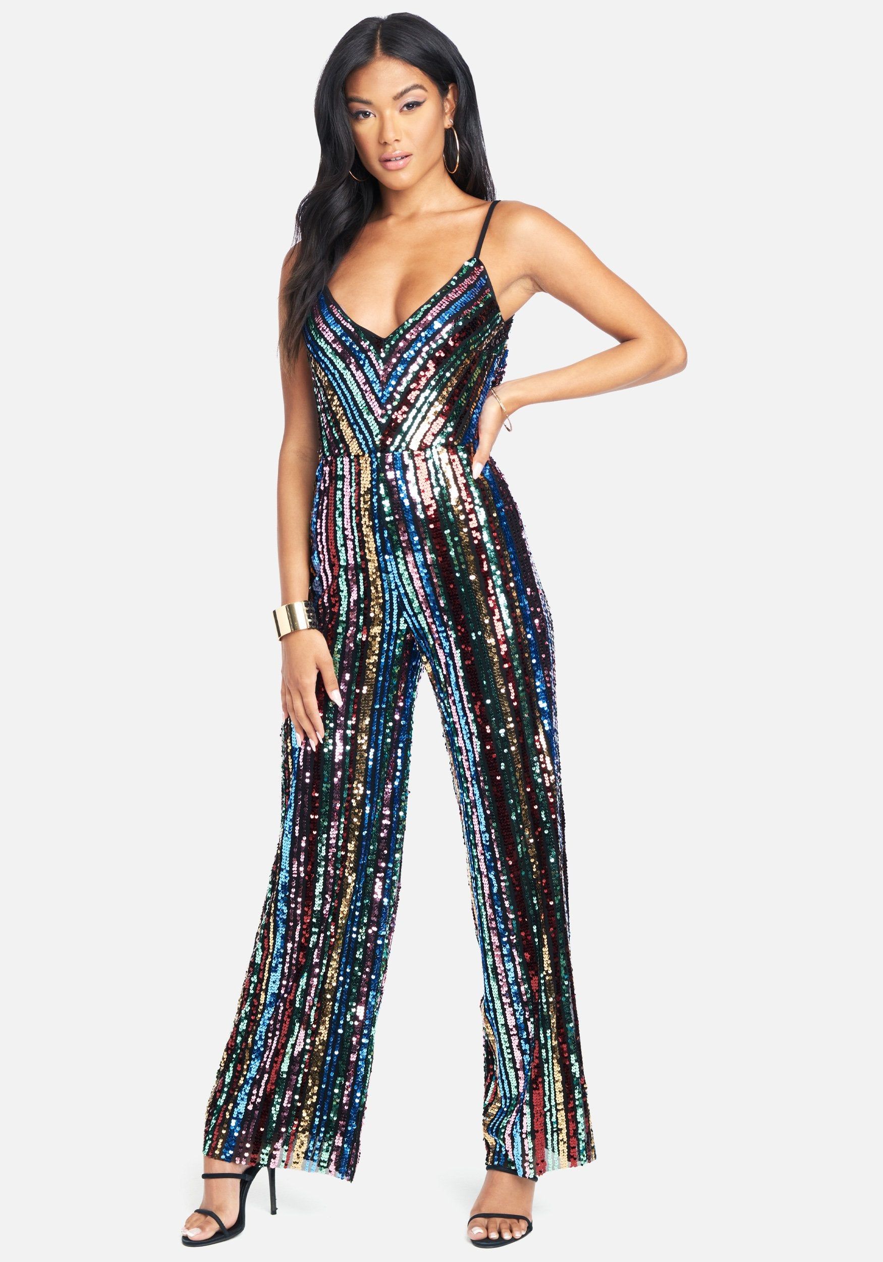 Sequin Cowl Back Jumpsuit sold by Bebe