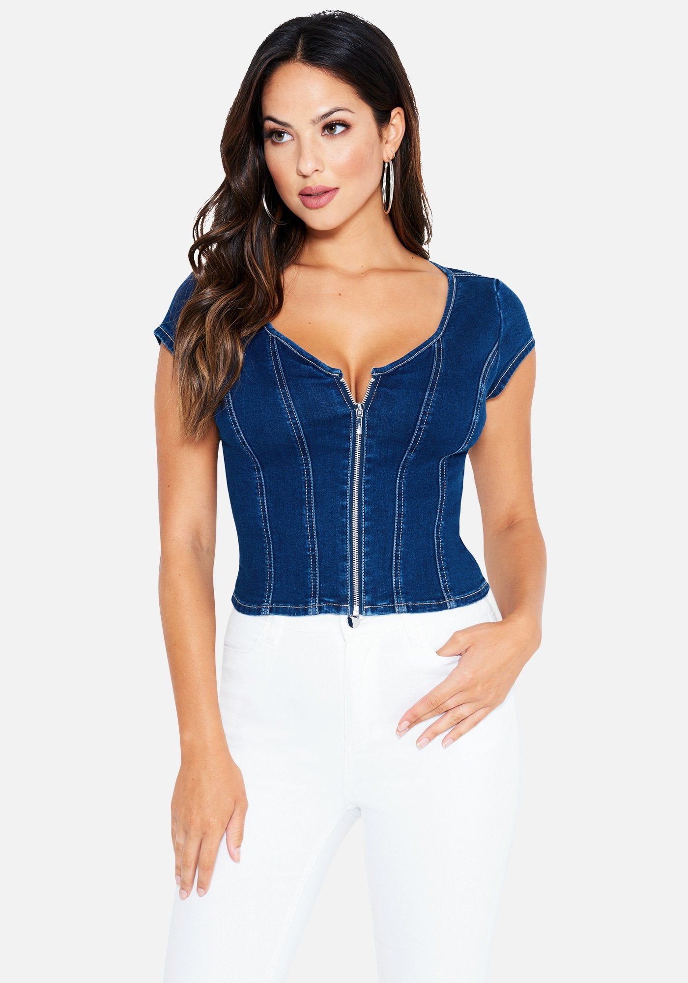 Denim Short Sleeve Zip Top sold by Bebe