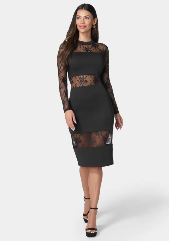 Multi Lace Inset Midi Dress sold by Bebe