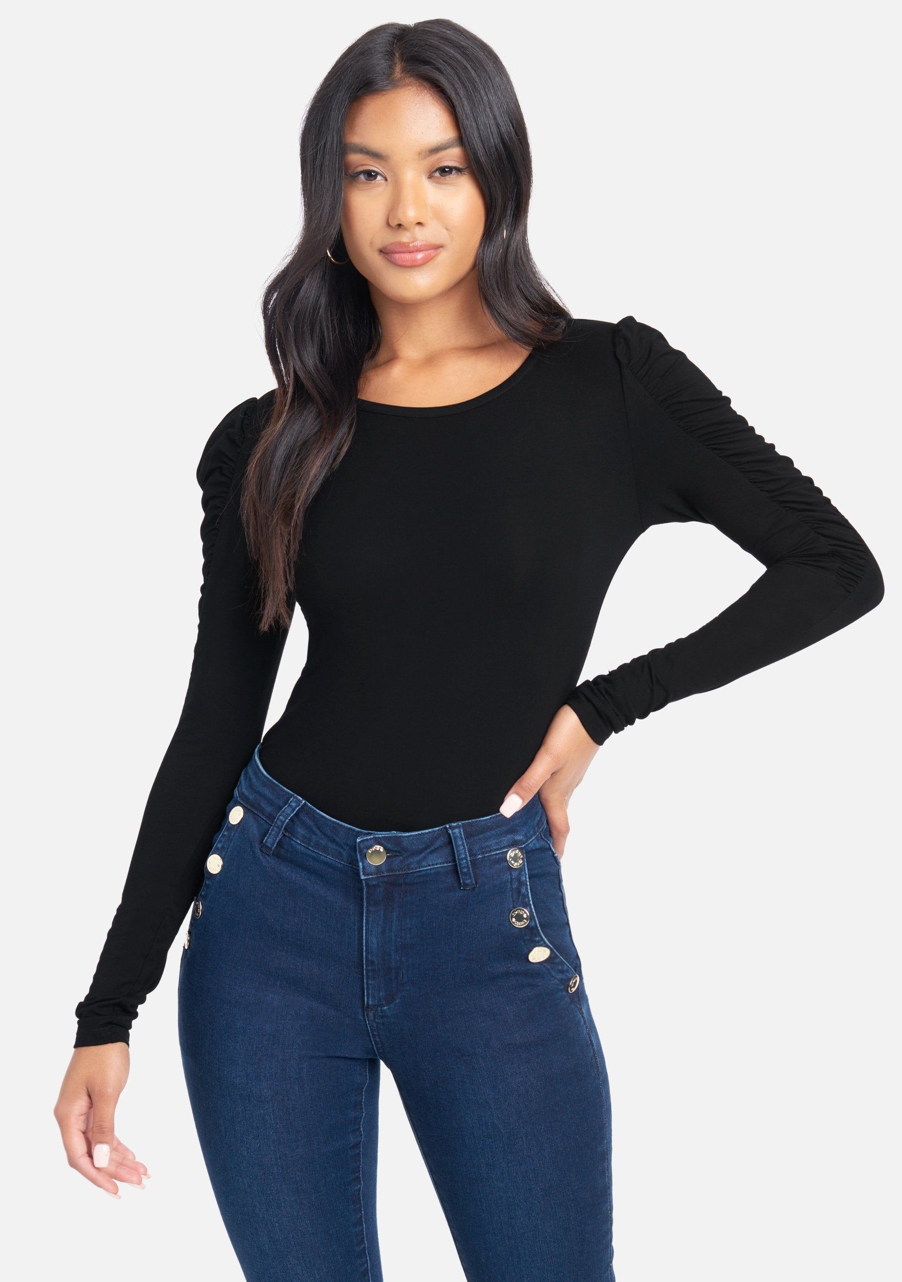 Ruched Shoulder Long Sleeve Top sold by Bebe
