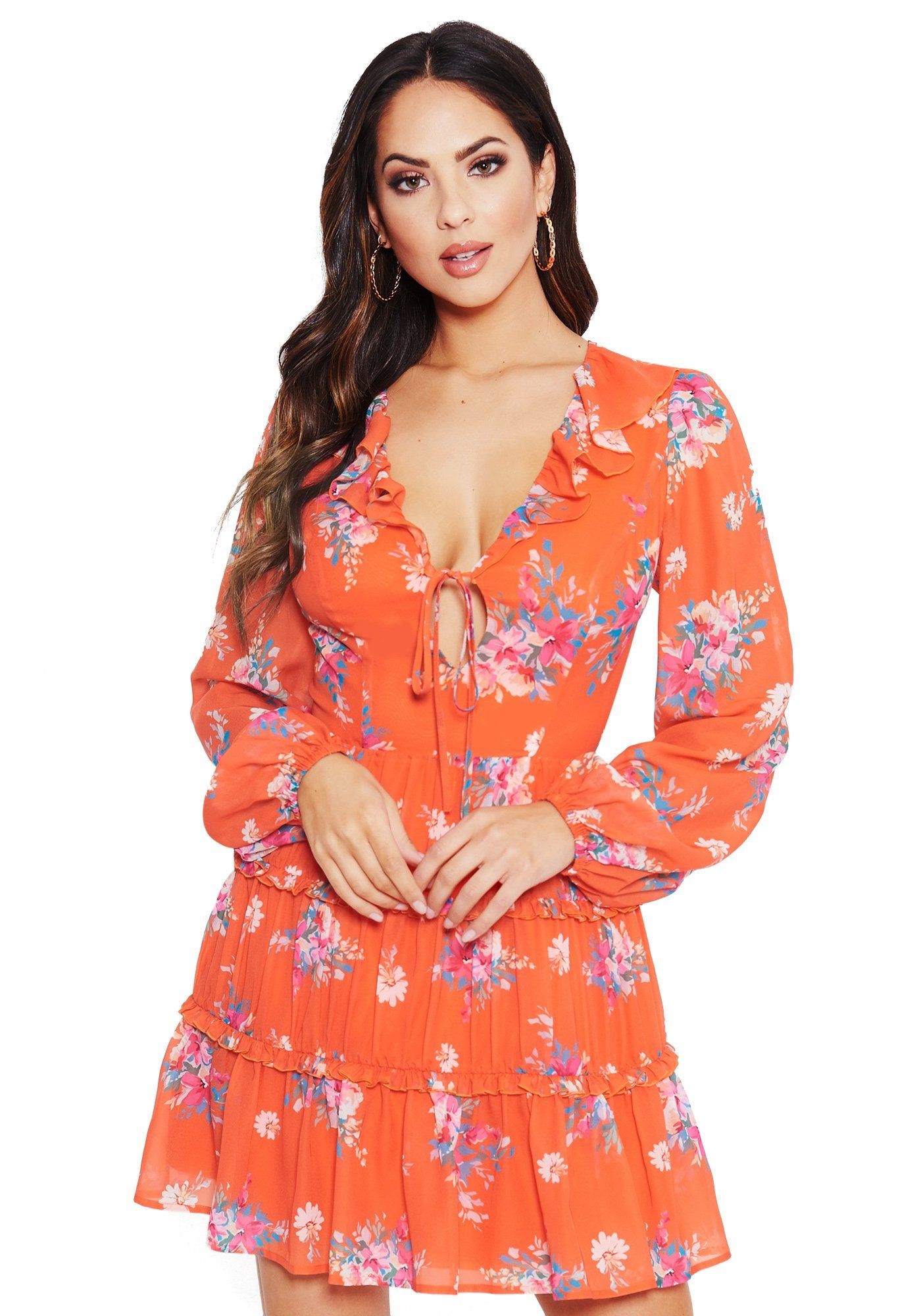 Printed Ruffle Mini Dress sold by Bebe