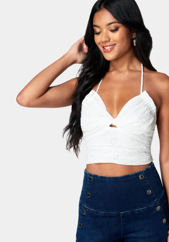Eyelet Tie Back Ruched Halter Top sold by Bebe