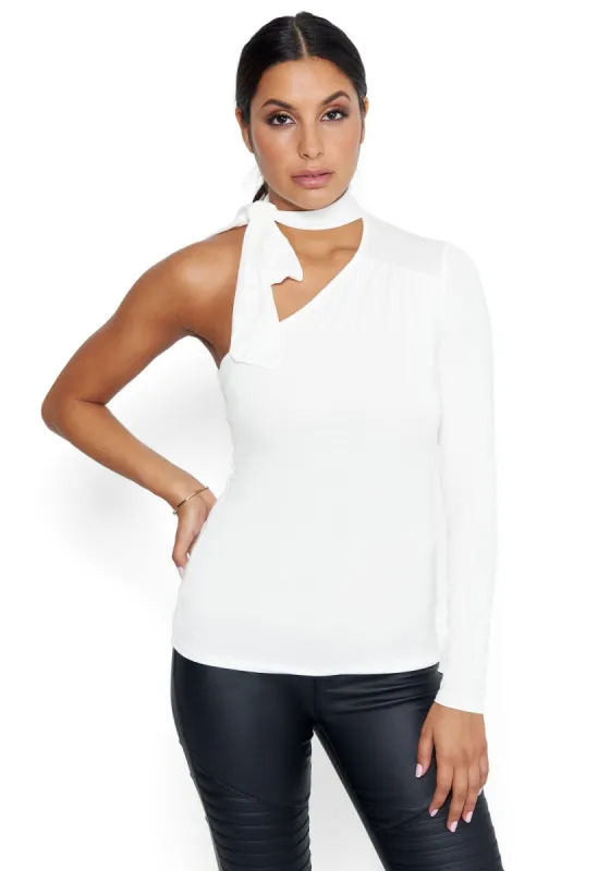 Tie Neck One Sleeve Top sold by Bebe