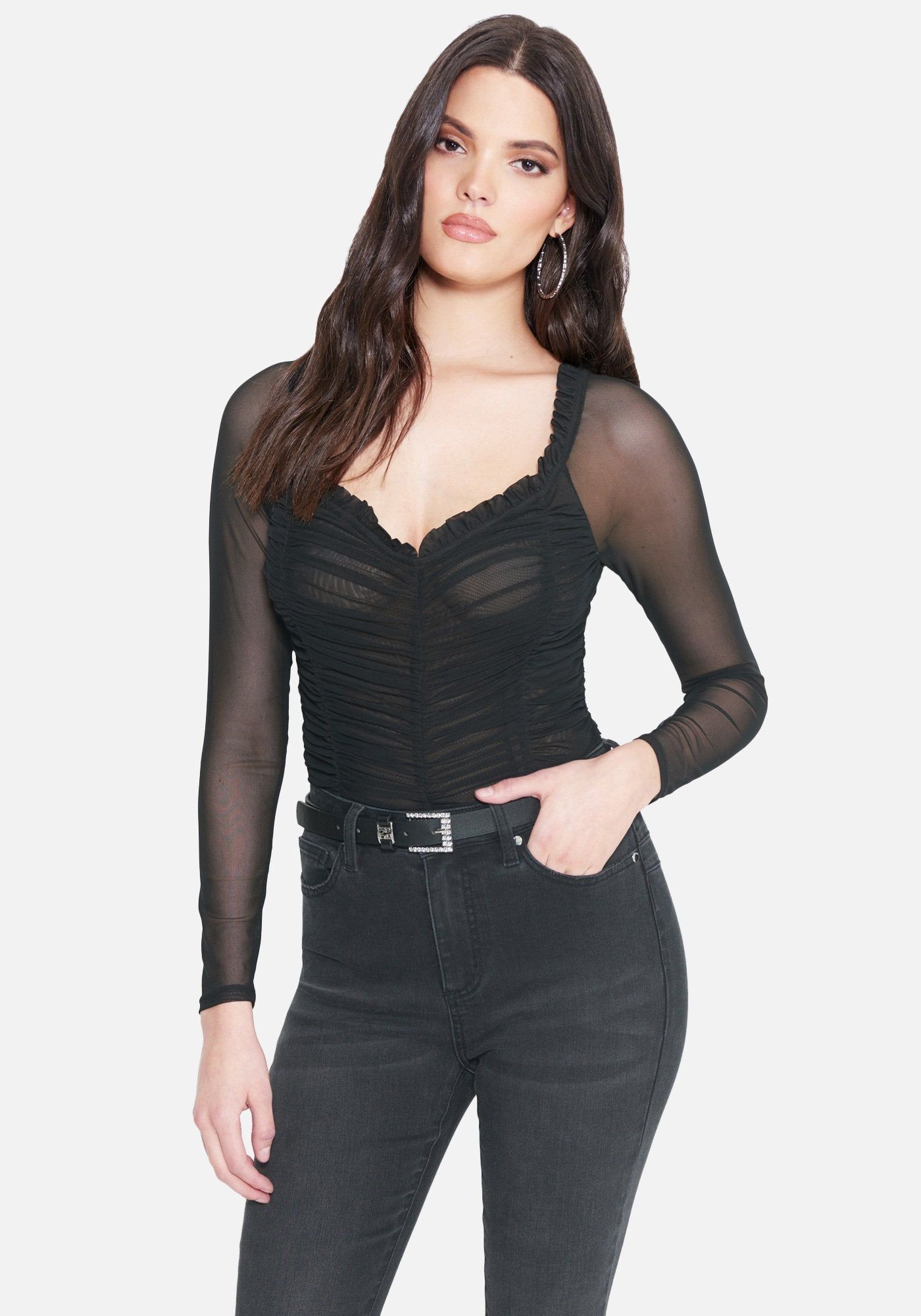 All Over Ruched Mesh Bodysuit sold by Bebe