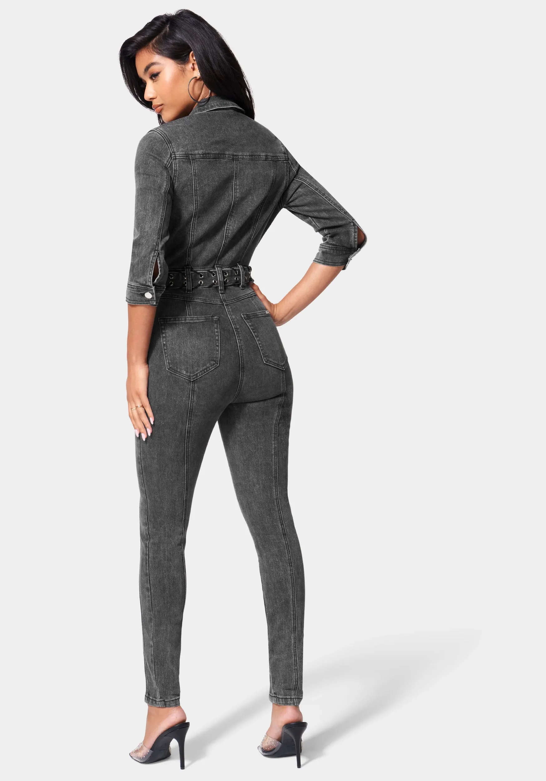 Button Down Belted Slim Denim Jumpsuit sold by Bebe product image thumbnail 3