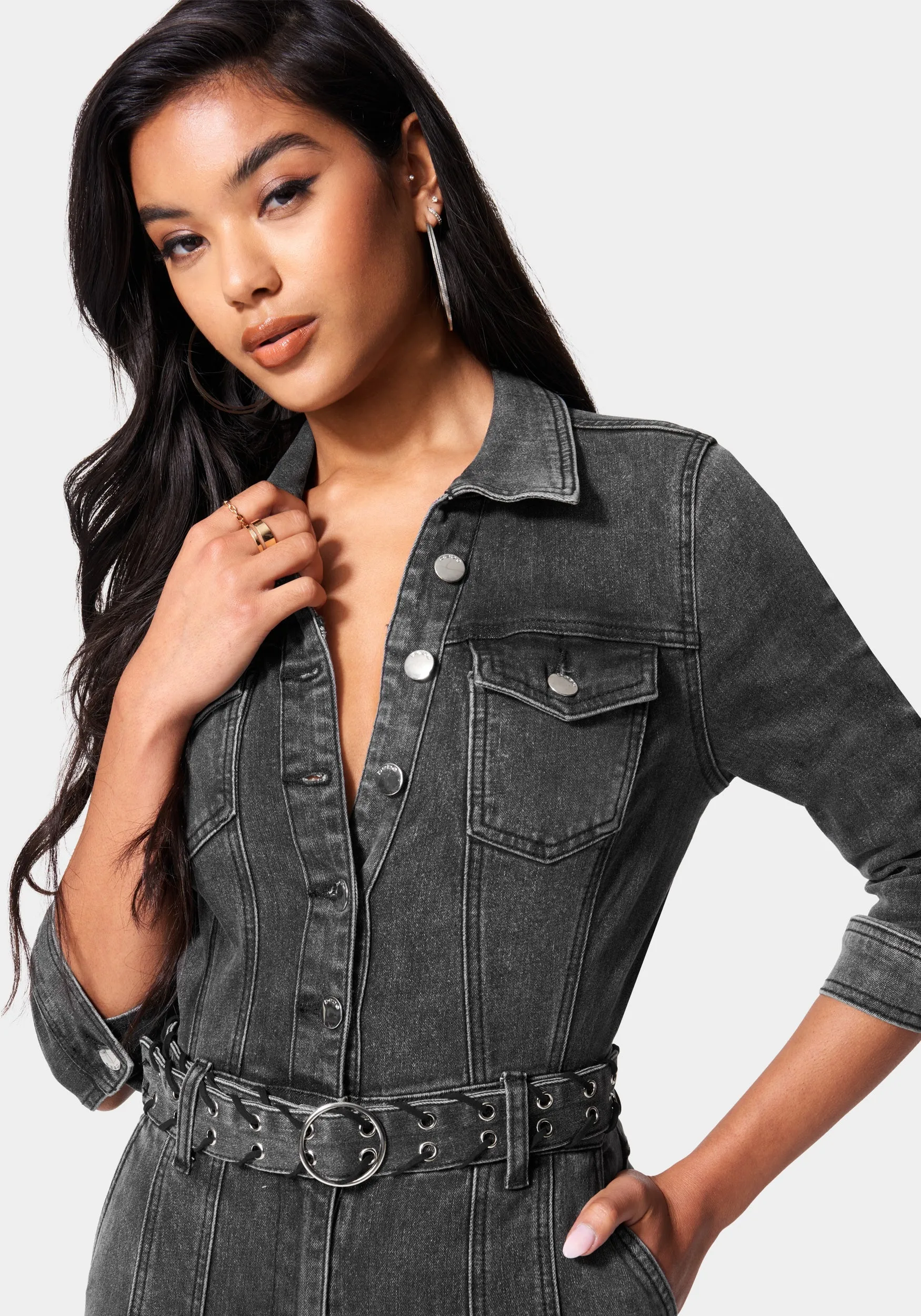 Button Down Belted Slim Denim Jumpsuit sold by Bebe product image thumbnail 4