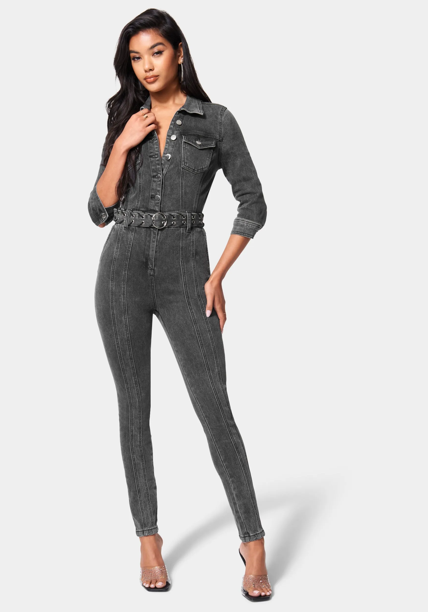 Button Down Belted Slim Denim Jumpsuit sold by Bebe