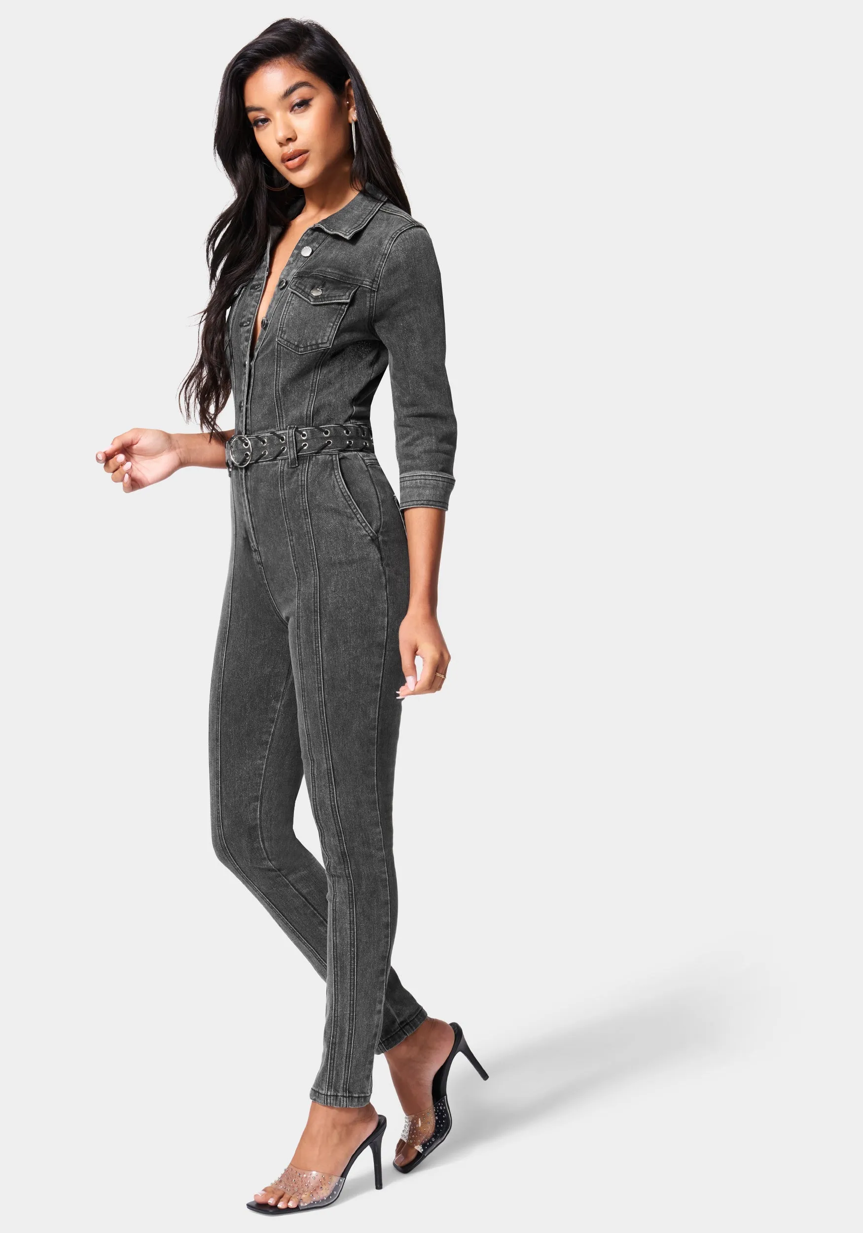 Button Down Belted Slim Denim Jumpsuit sold by Bebe product image thumbnail 2