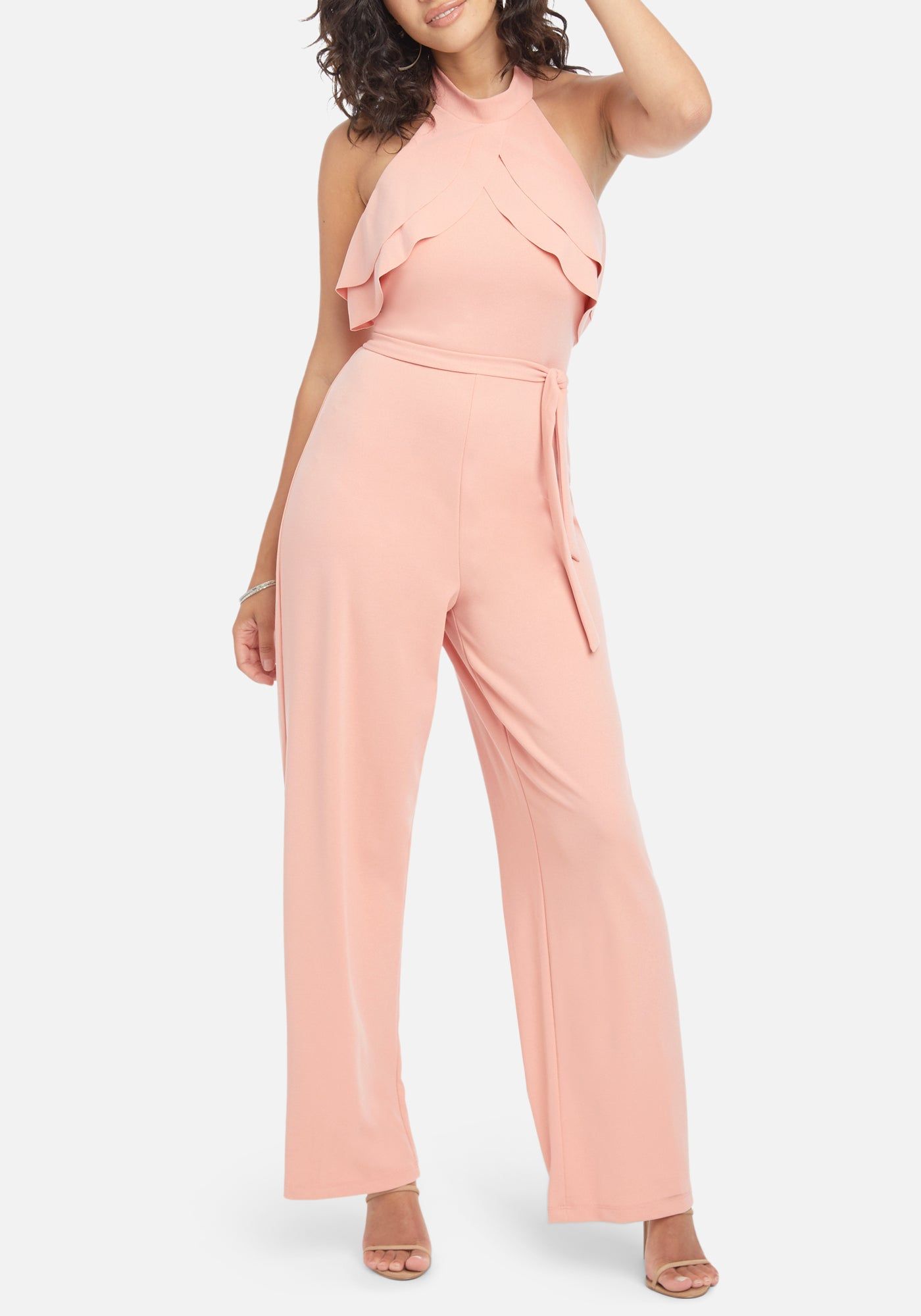 Double Ruffle Halter Jumpsuit sold by Bebe