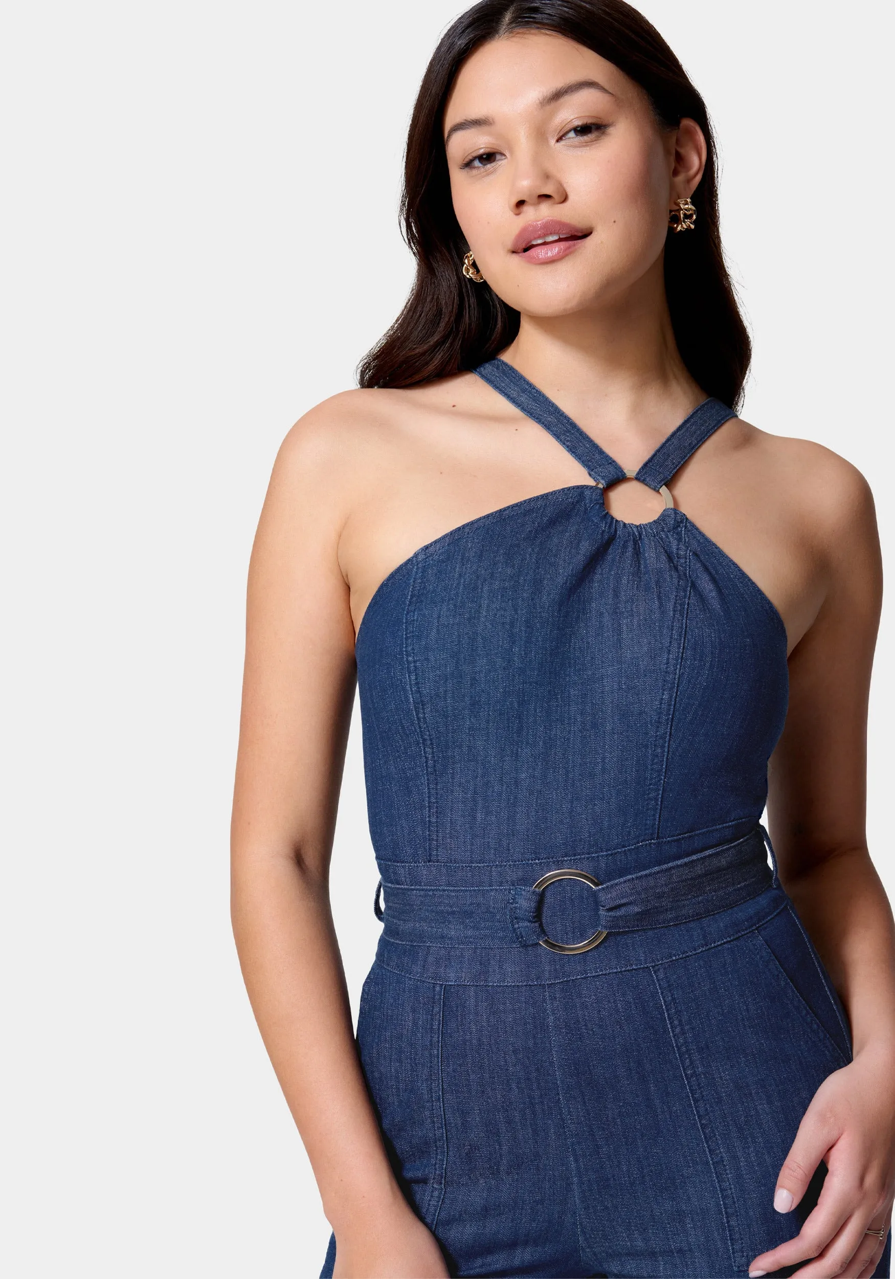 Asymmetric Neckline Wide Leg Lightweight Denim Jumpsuit sold by Bebe product image thumbnail 4