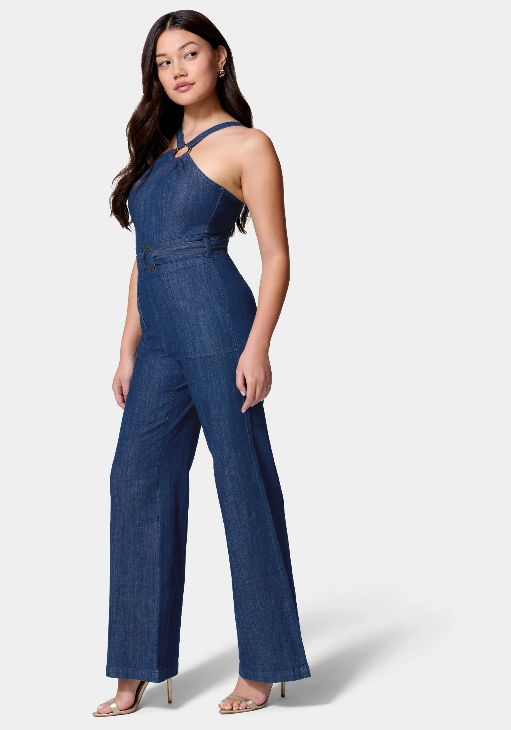 Asymmetric Neckline Wide Leg Lightweight Denim Jumpsuit sold by Bebe product image thumbnail 3