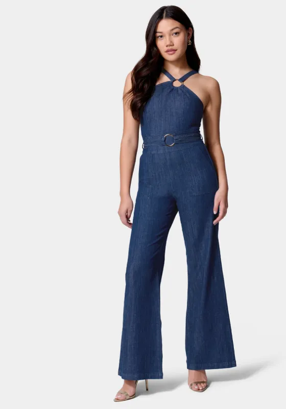Asymmetric Neckline Wide Leg Lightweight Denim Jumpsuit sold by Bebe