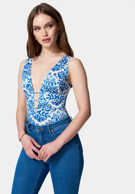 Sleeveless Ruched Deep V Printed Knit Bodysuit sold by Bebe