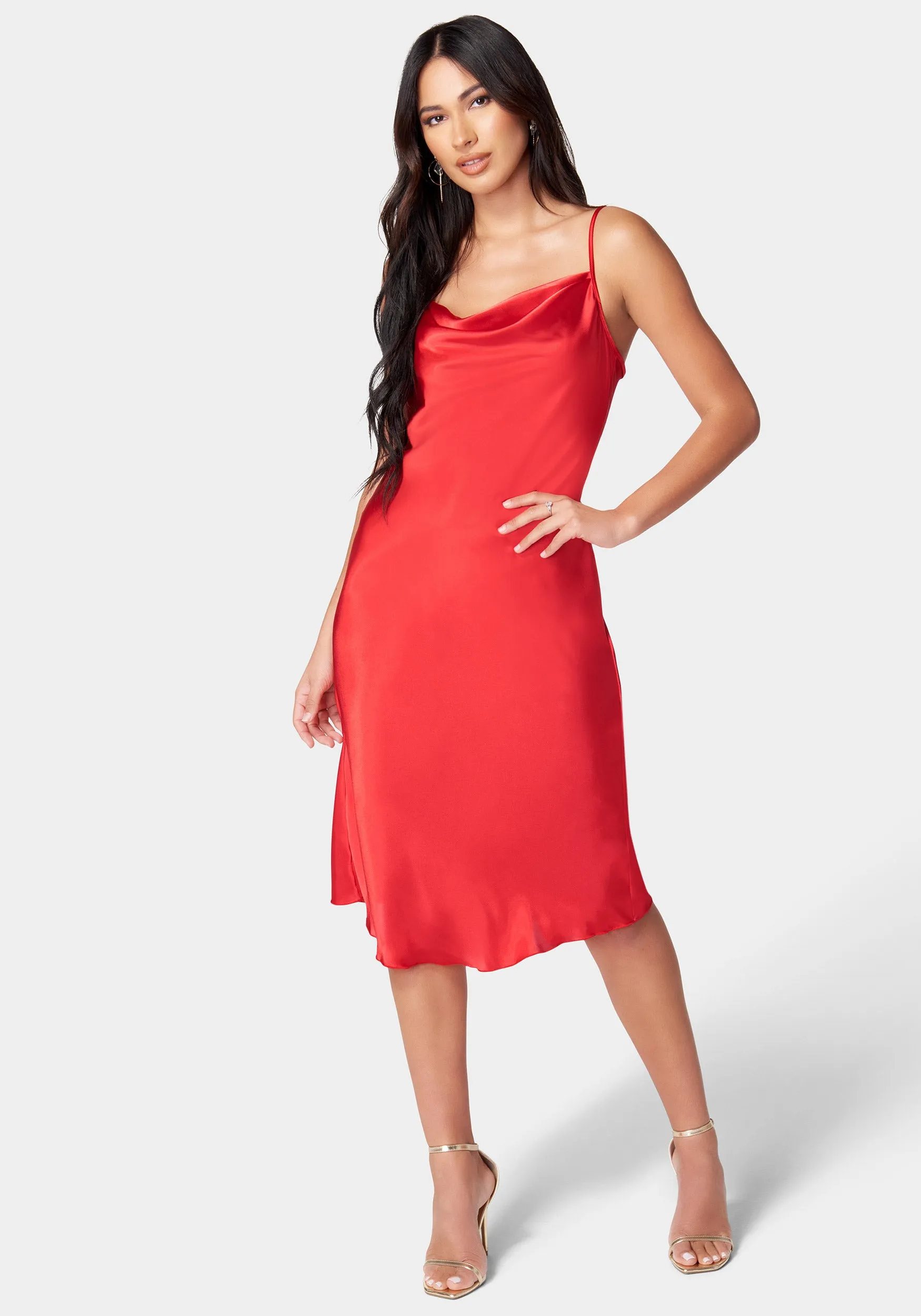 Satin Cowl Neck Slip Midi Dress sold by Bebe