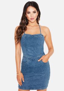 Lace Up Back Jean Mini Dress sold by Bebe