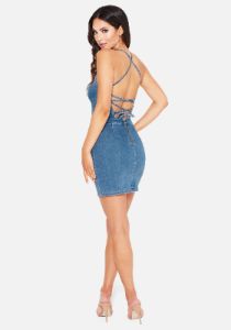 Lace Up Back Jean Mini Dress sold by Bebe
