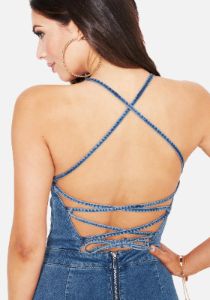 Lace Up Back Jean Mini Dress sold by Bebe