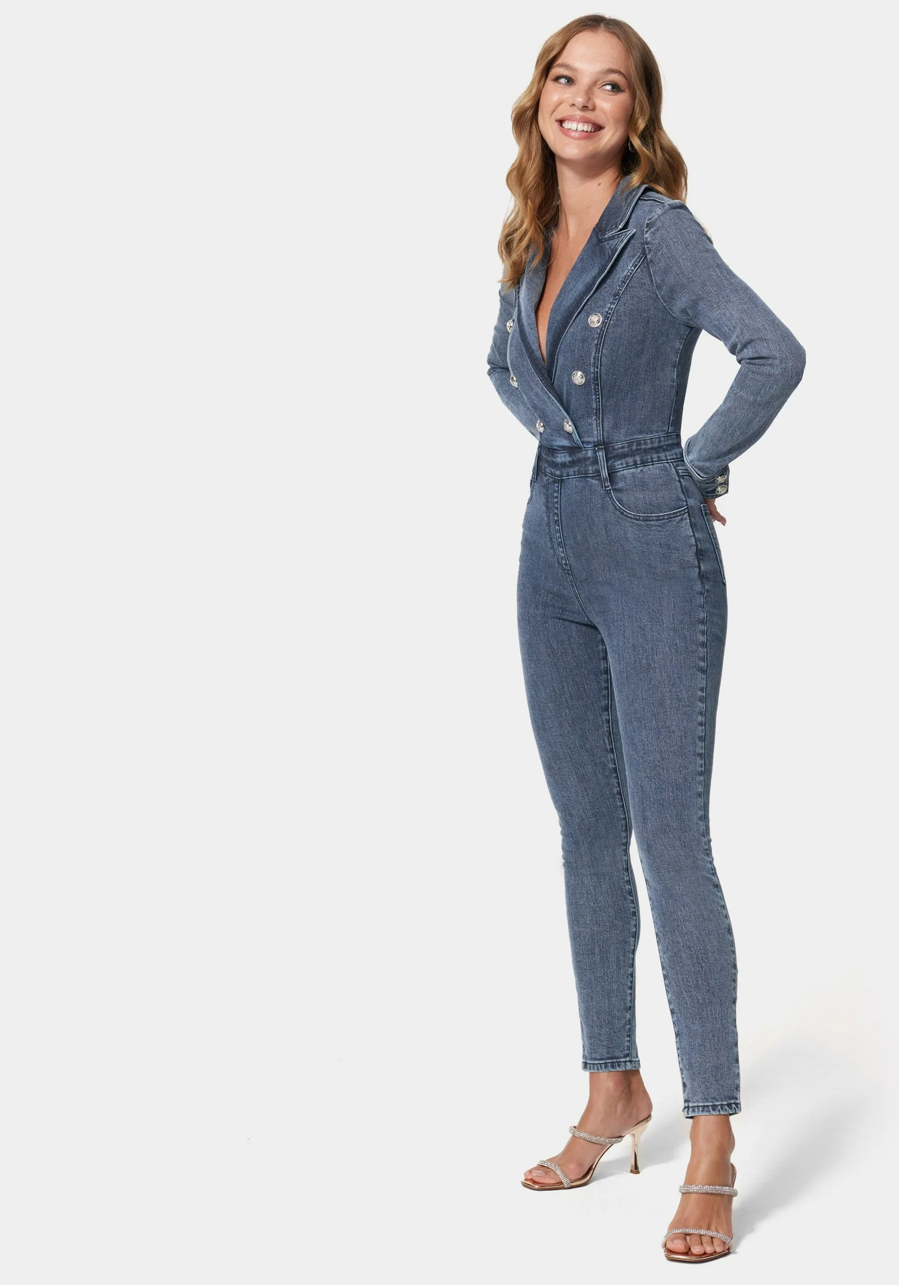 Double Breasted Skinny Leg Denim Jumpsuit sold by Bebe product image thumbnail 2