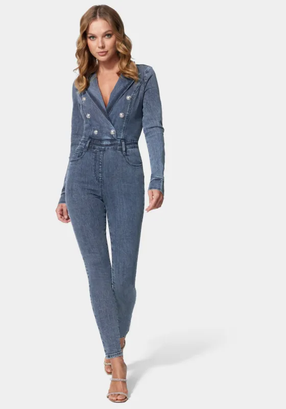 Double Breasted Skinny Leg Denim Jumpsuit sold by Bebe