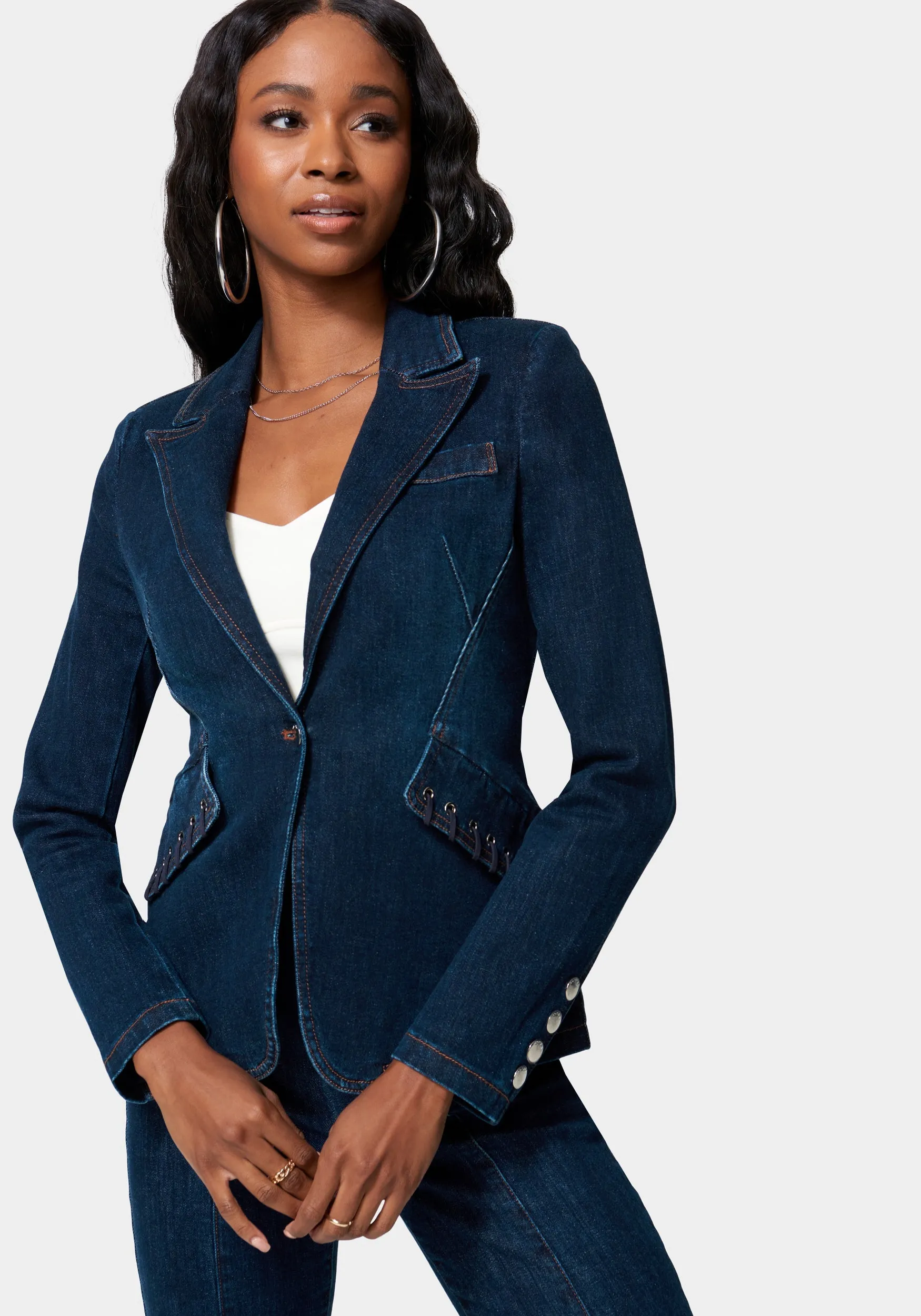 Eyelet Trim Tailored Denim Jacket sold by Bebe