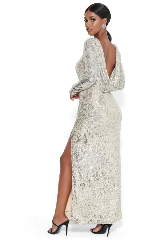 Sequin Open Back Gown sold by Bebe