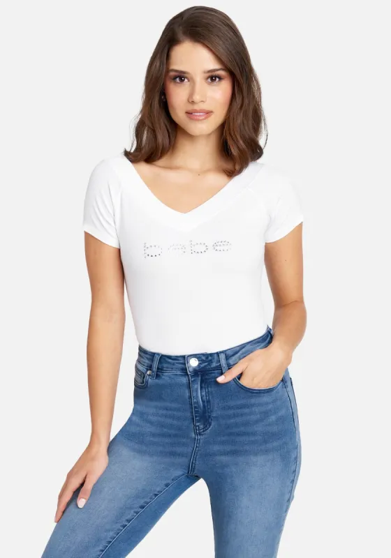 Crystal Logo Double V-Neck Short Sleeve Tee sold by Bebe