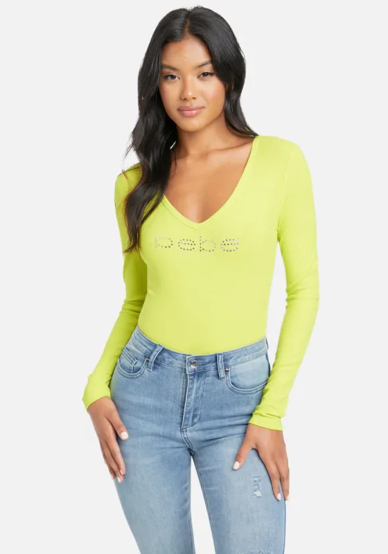 Crystal Logo V-Neck Long Sleeve Tee sold by Bebe