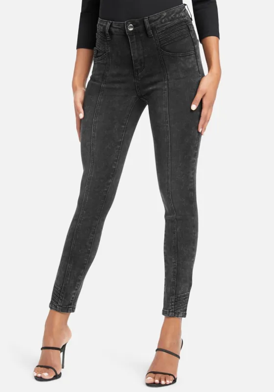Acid Wash Moto Skinny Jeans sold by Bebe