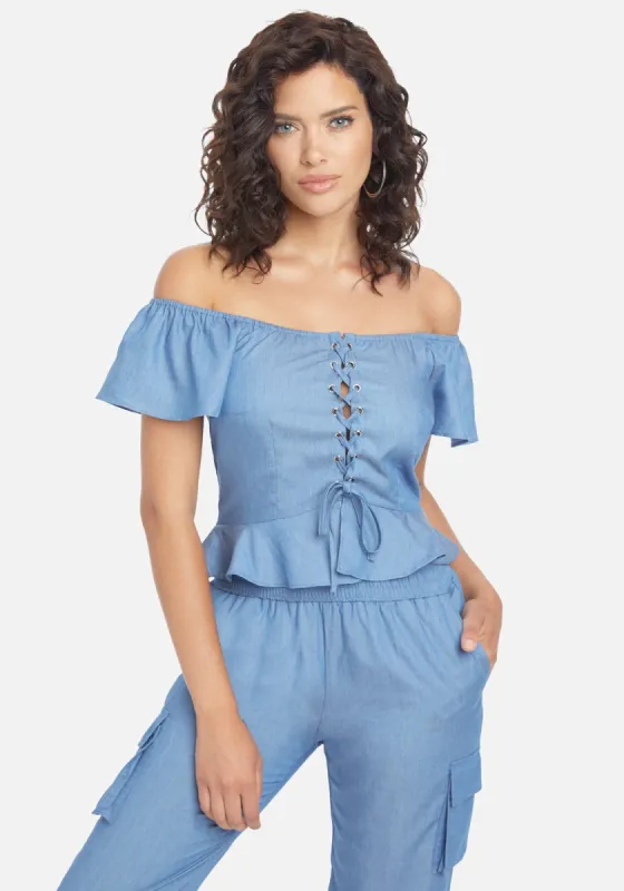 Chambray Lace Front Top sold by Bebe