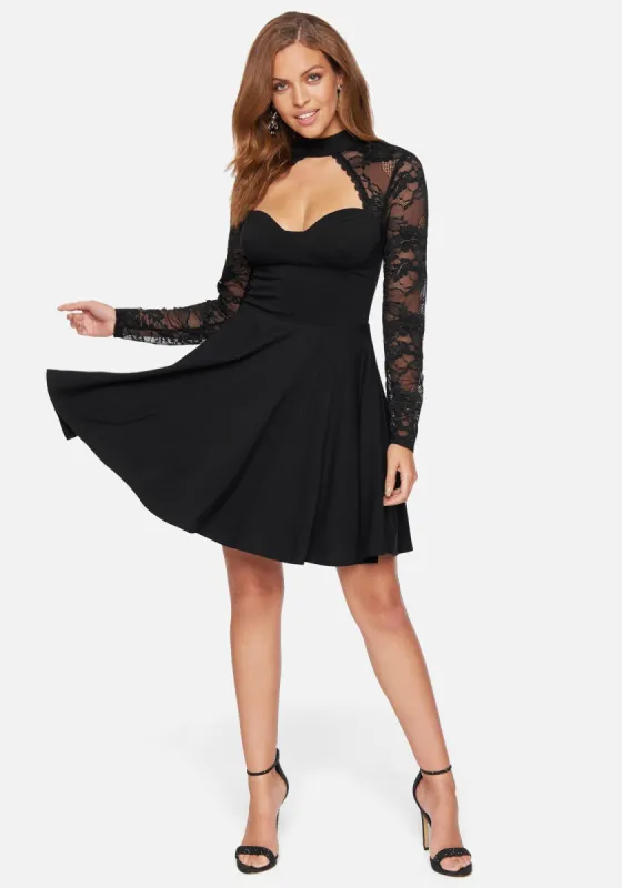 Long Sleeve Lace Flare Dress sold by Bebe