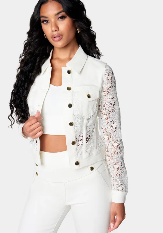 Crochet Detail Fitted Denim Jacket sold by Bebe