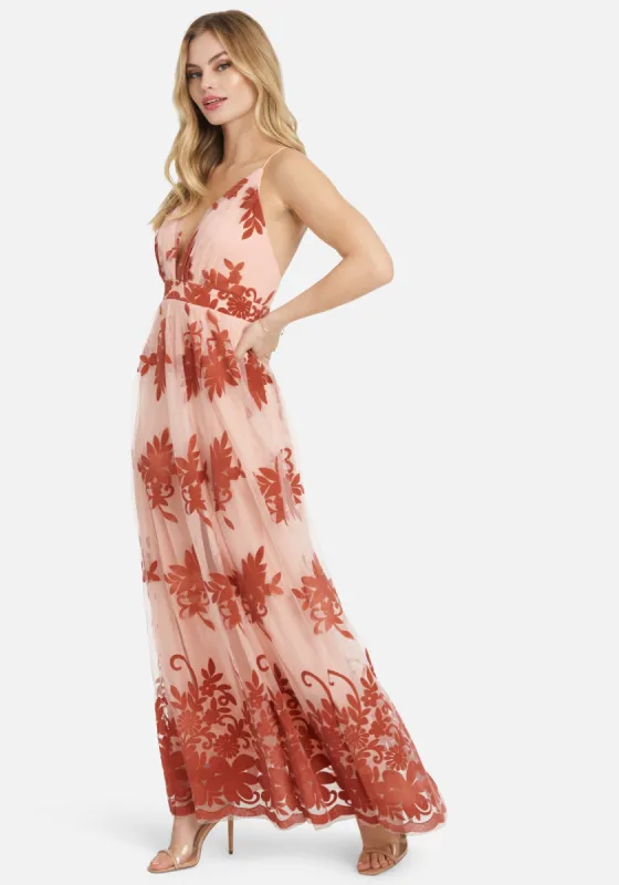 Plunge Neck Embroidered Maxi sold by Bebe