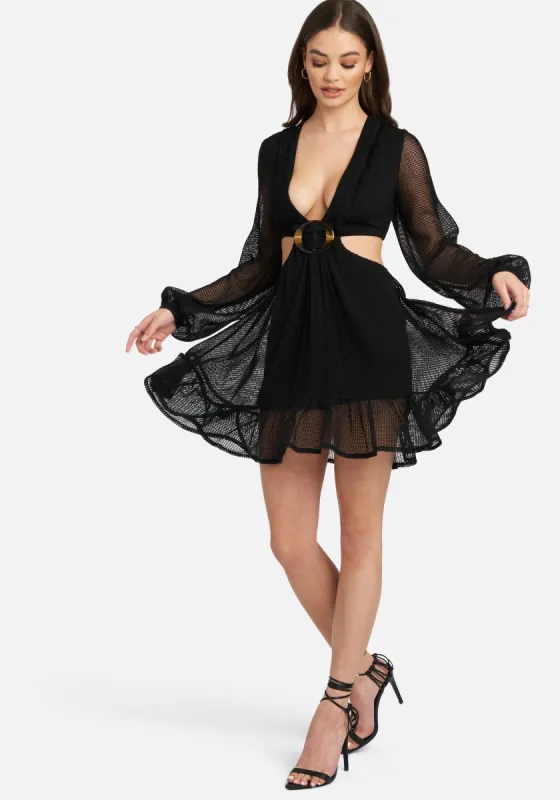 Ring Detail Side Cutout Flare Dress sold by Bebe