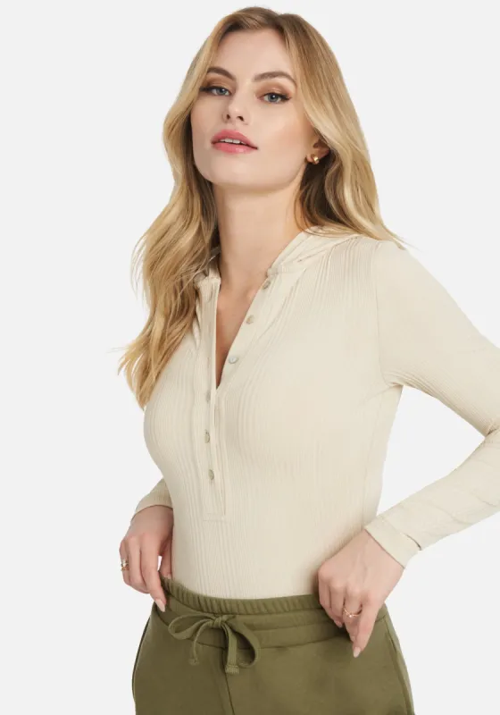 Rib Knit Button Front Hooded Bodysuit sold by Bebe