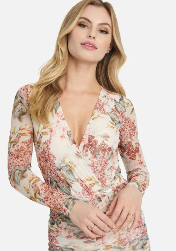 Printed Mesh Cross Front Bodysuit sold by Bebe