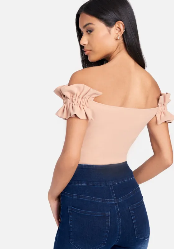 Knit Crepe Off Shoulder Ruffle Top sold by Bebe