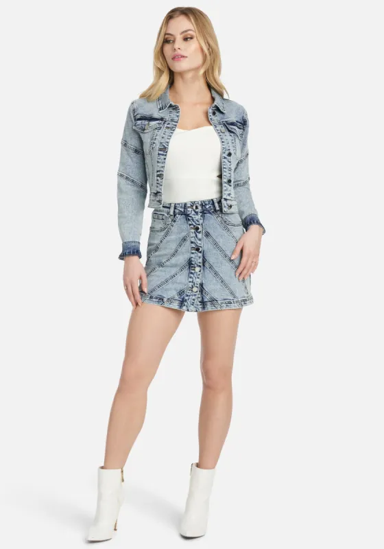 Multi Stitch Button Front Short Denim Skirt sold by Bebe