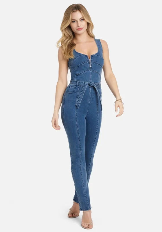 Multi Seam Zip Front Self Tie Slim Leg Denim Jumpsuit sold by Bebe