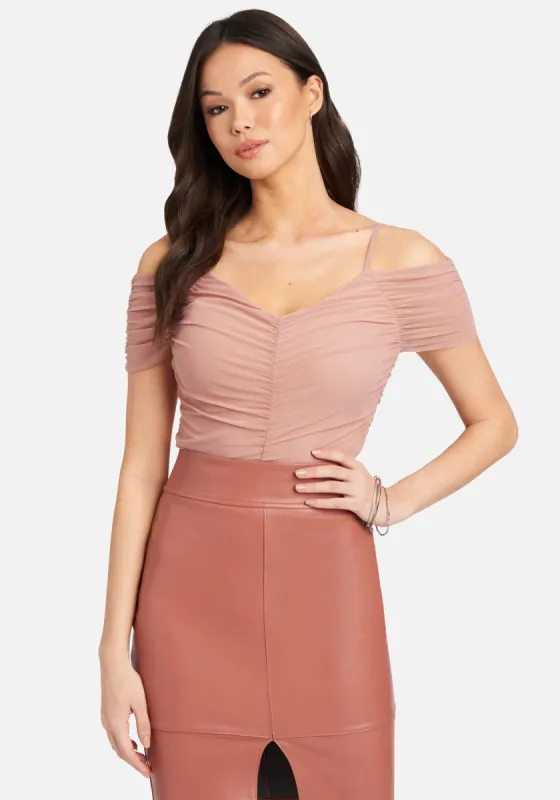 Ruched Cold Shoulder Mesh Bodysuit sold by Bebe