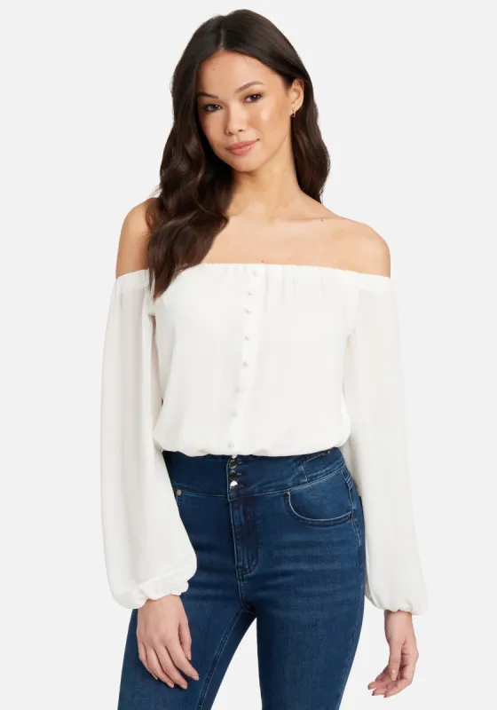 Off Shoulder Front Button Crepe Bodysuit sold by Bebe