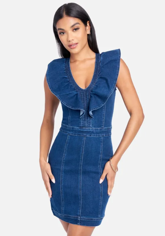 V Neck Cascade Sleeve Denim Dress sold by Bebe