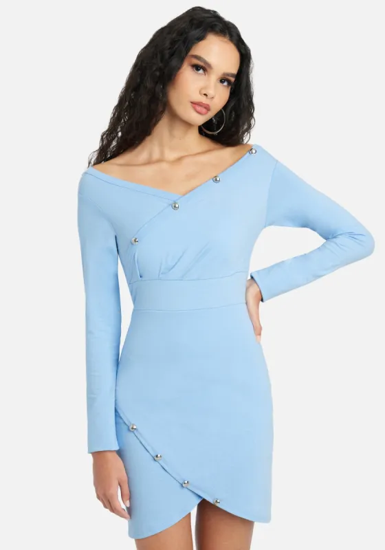 Off Shoulder Button Knit Mini Dress sold by Bebe
