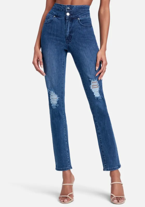 High Waist Destructed Slim Leg Jeans sold by Bebe