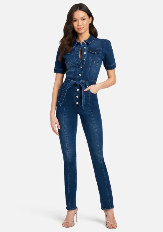 Button Front Slim Leg Denim Jumpsuit sold by Bebe