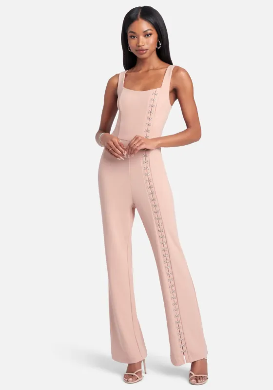 Knit Crepe Rhinestone Hook & Eye Wide Leg Jumpsuit sold by Bebe